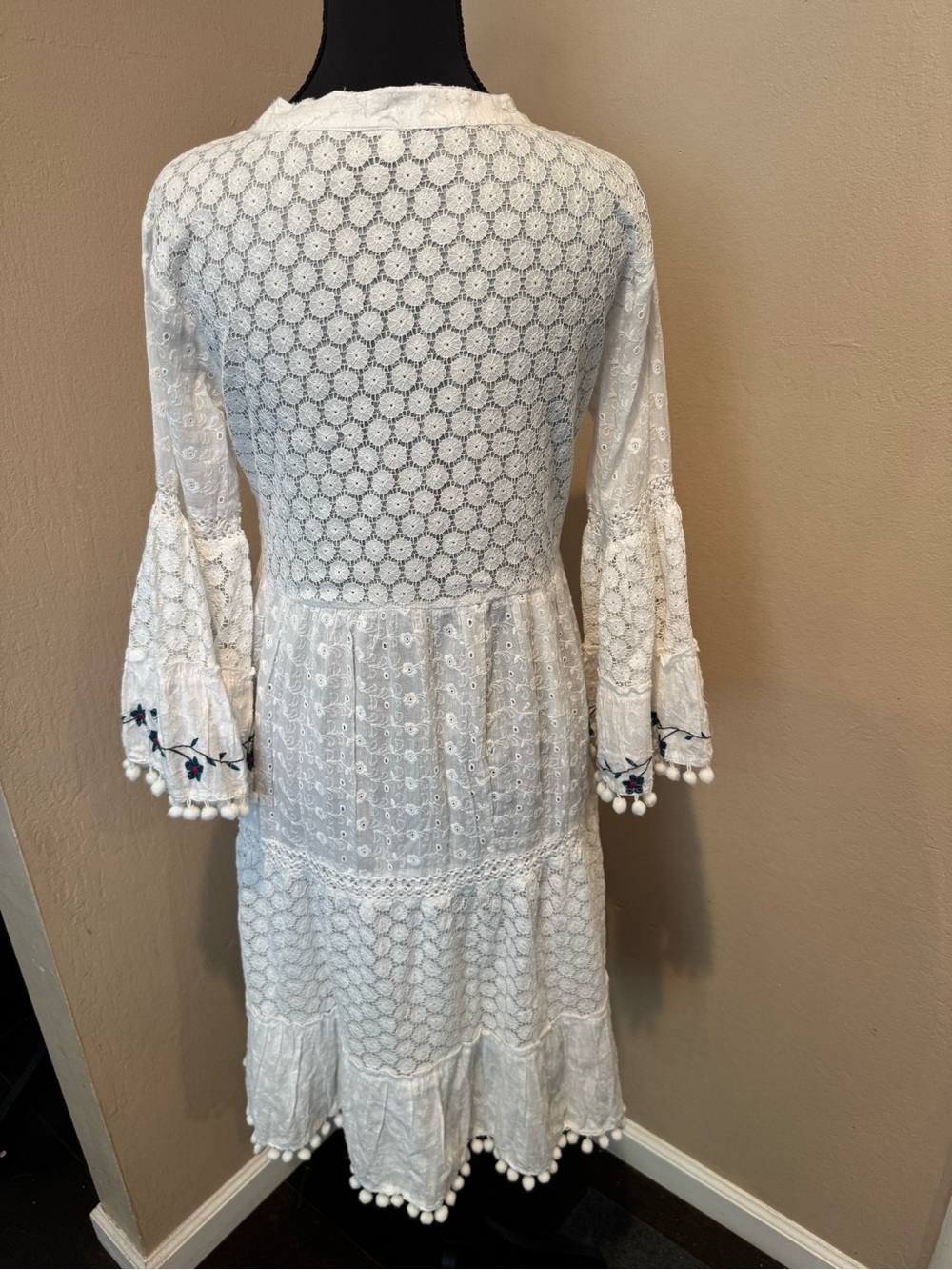 Gorgeous Boho White Embroidered Dress with Colorful Floral Detail & Pom Pom Trim - Picture 6 of 7